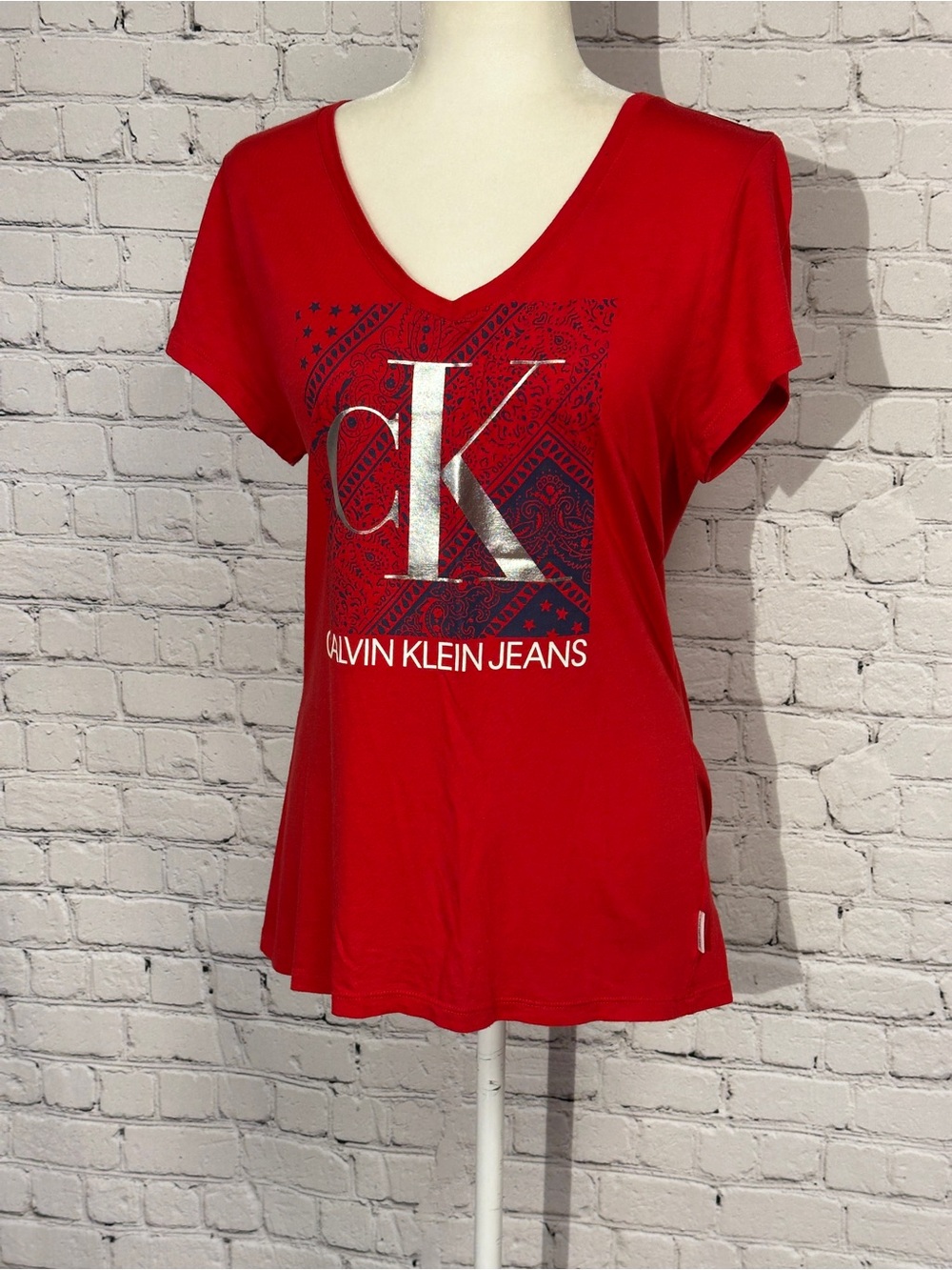 Calvin Klein Jeans Red V-Neck Logo Tee with Metallic CK